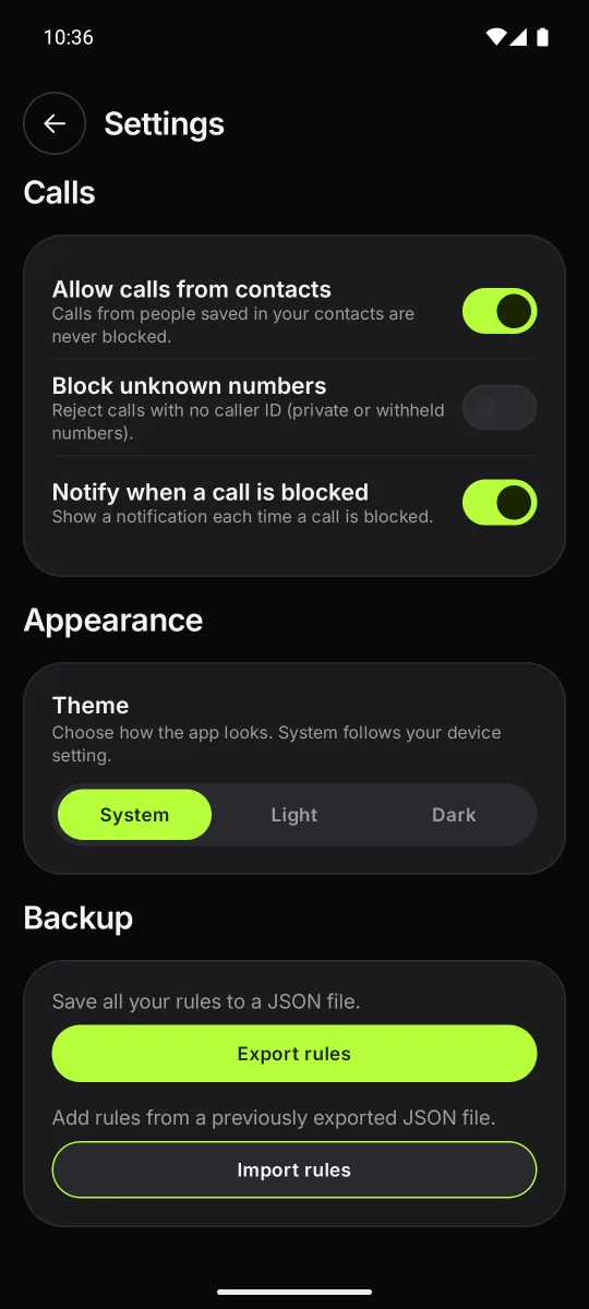 Settings screen